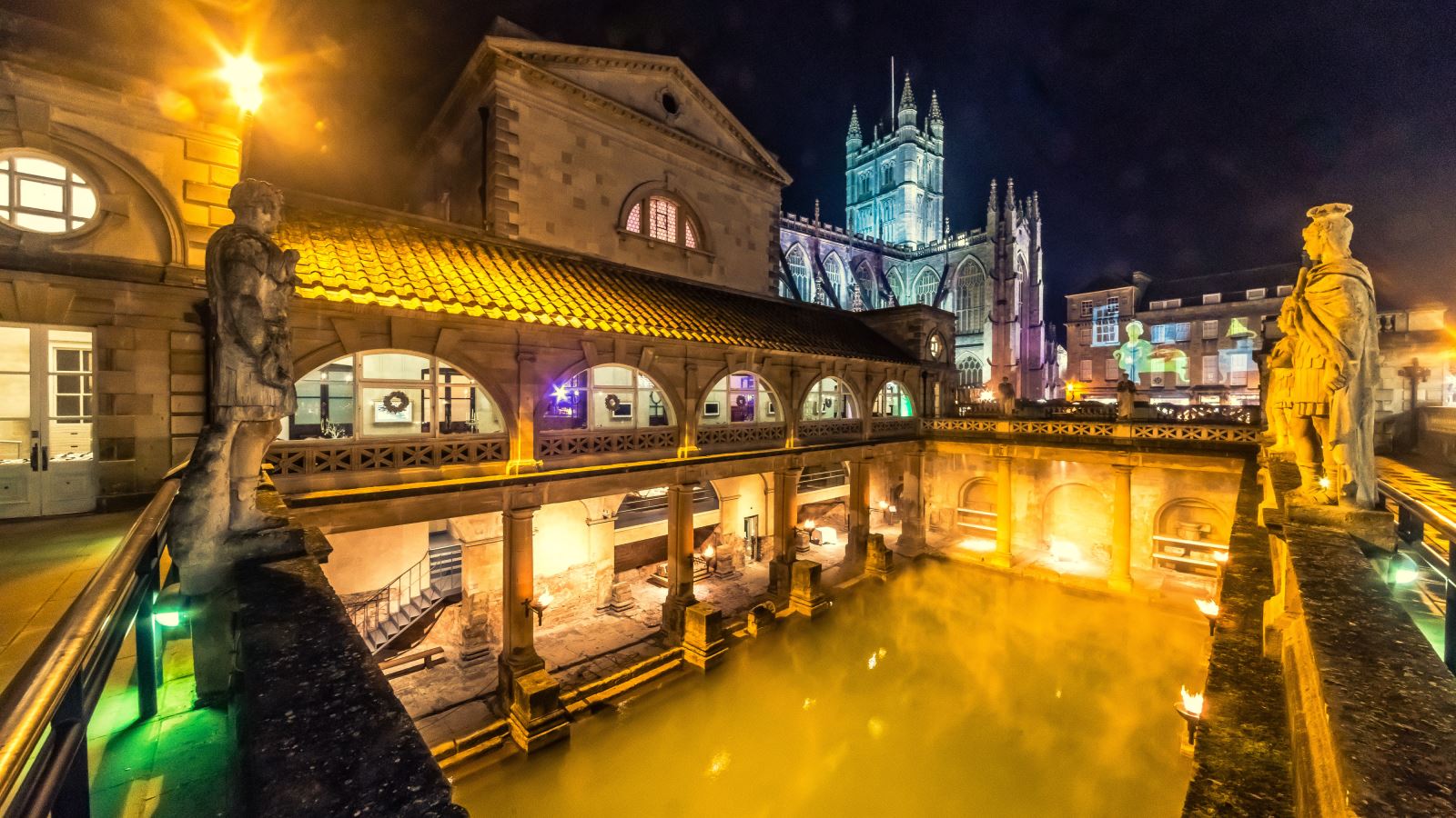 Roman Bath lit up at night